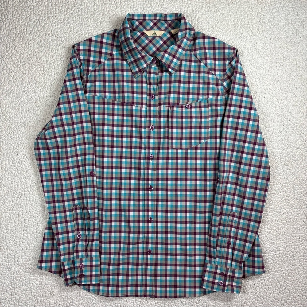 Ascend Long Sleeve Button Down Shirt Women’s Large  Maroon/Cream/Teal Plaid EUC